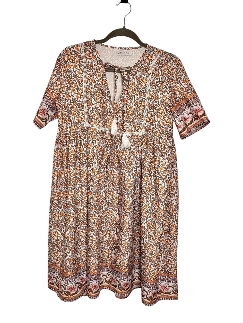 Misslook Brown Orange Floral Boho Prairie Mini Dress Folk Western Small